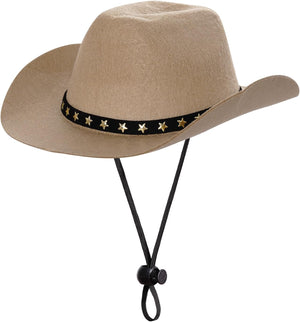 Beige cowboy hat with a black band featuring gold stars on a white background at Pet Servo