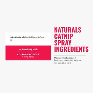 Product label for CCS Kong Naturals Catnip Spray with ingredients and benefits on a white background at Pet Servo