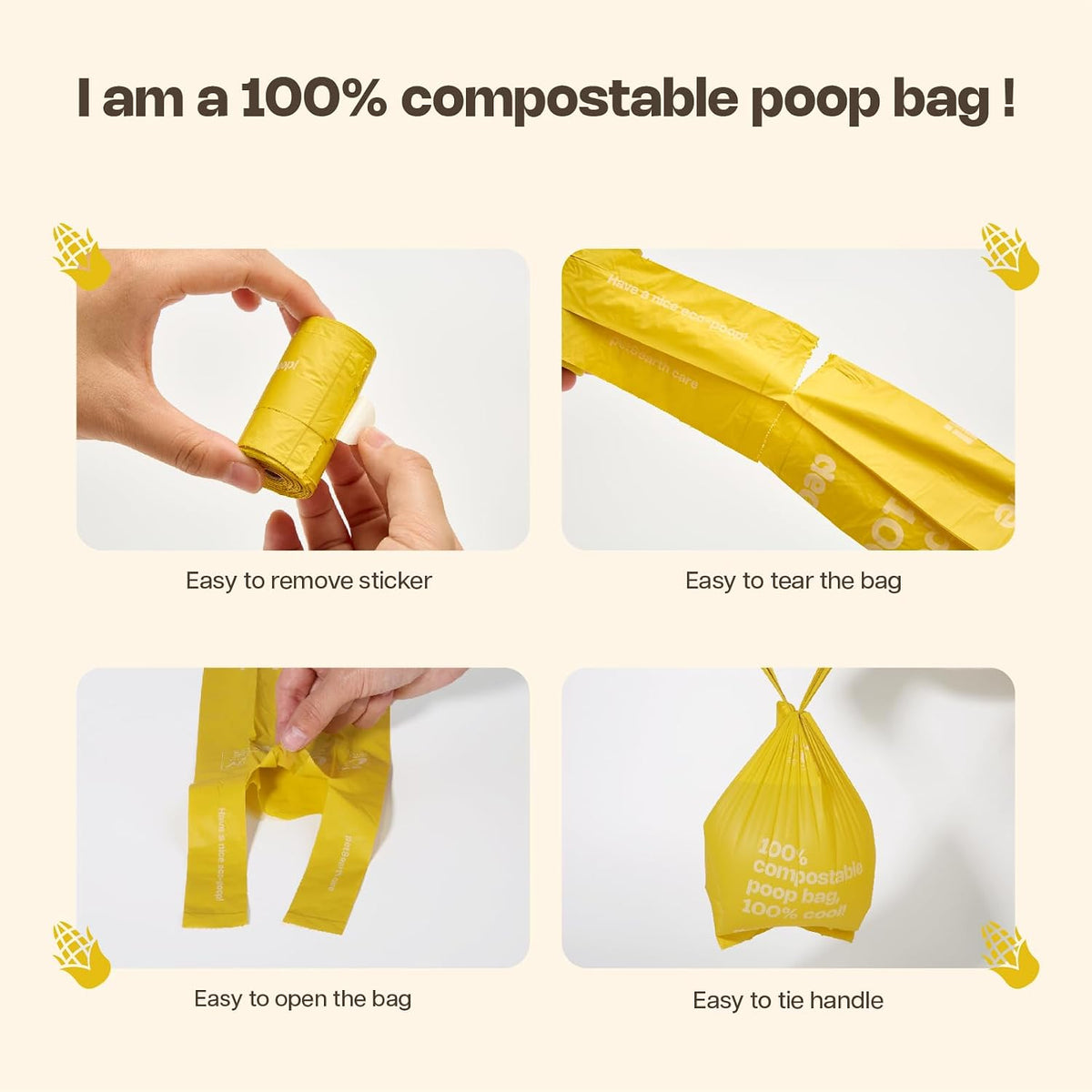 Compostable poop bag with features highlighted on a beige background at Pet Servo