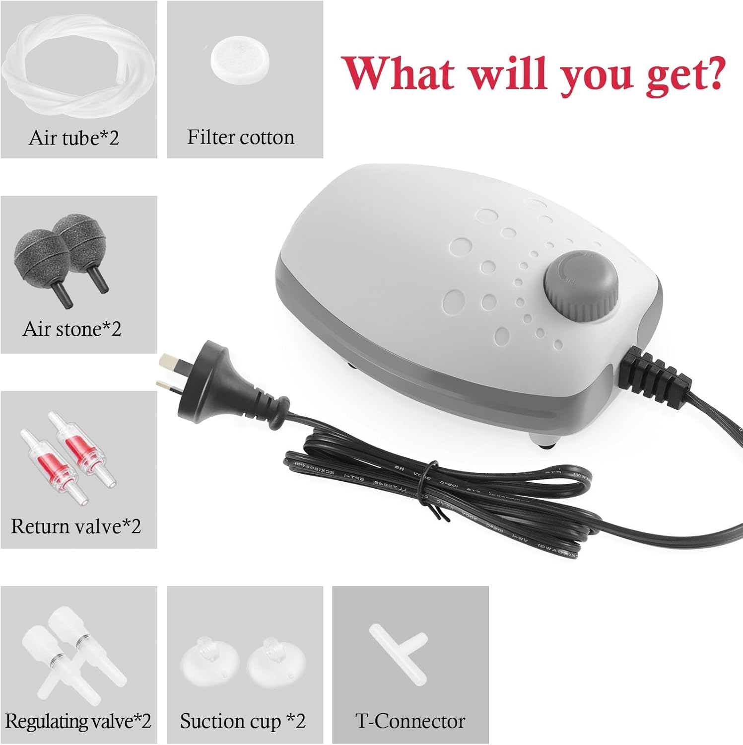 Air pump with components listed on a white background at Pet Servo