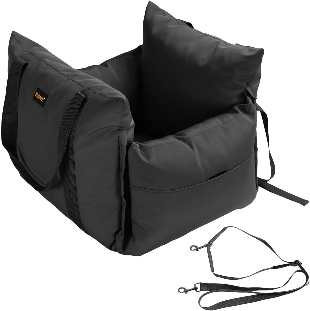 Black pet car seat with straps on a white background at Pet Servo