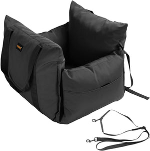 Black pet car seat with straps on a white background at Pet Servo