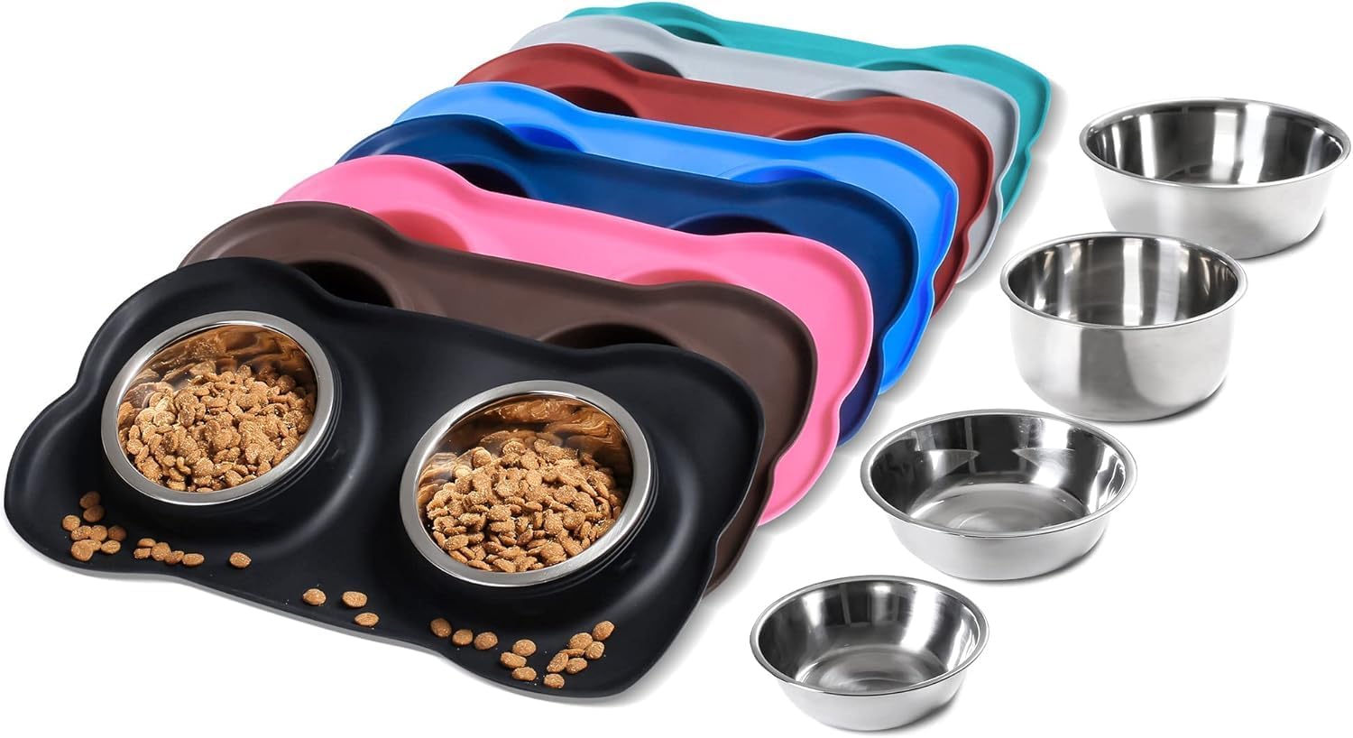 A set of pet feeding accessories on a white background, featuring a black dual-bowl pet mat filled with kibble, several stacked color-changing silicone mats in blue, pink, brown, red, gray, and teal, and five stainless steel bowls at Pet Servo