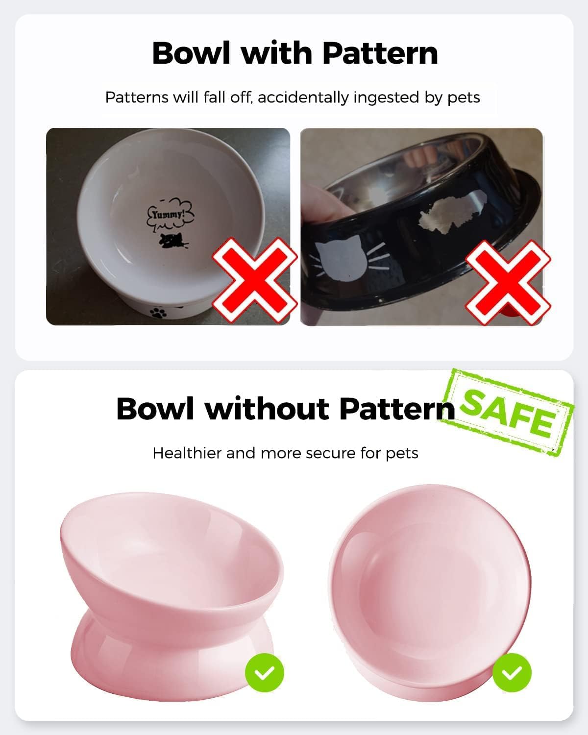 Comparison of a bowl with patterns and a bowl without patterns, highlighting the latter as safer for pets at Pet Servo