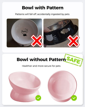 Comparison of a bowl with patterns and a bowl without patterns, highlighting the latter as safer for pets at Pet Servo