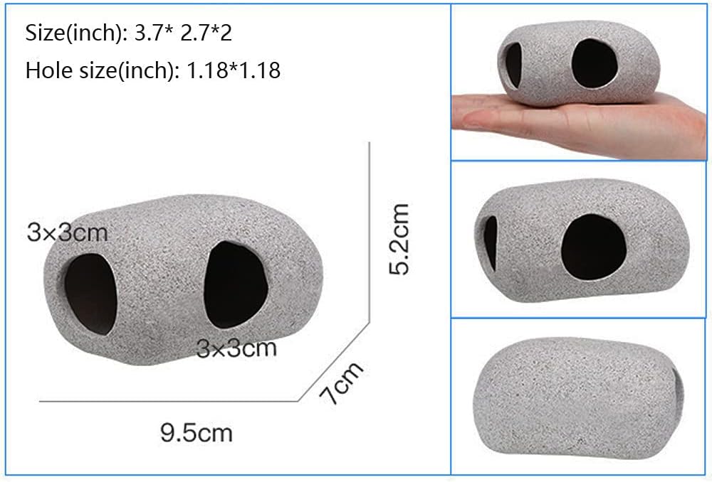 Gray stone-like object with holes, showing measurements on a white background at Pet Servo