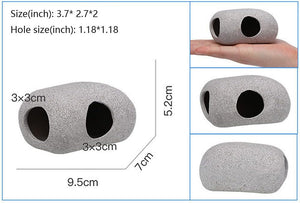 Gray stone-like object with holes, showing measurements on a white background at Pet Servo