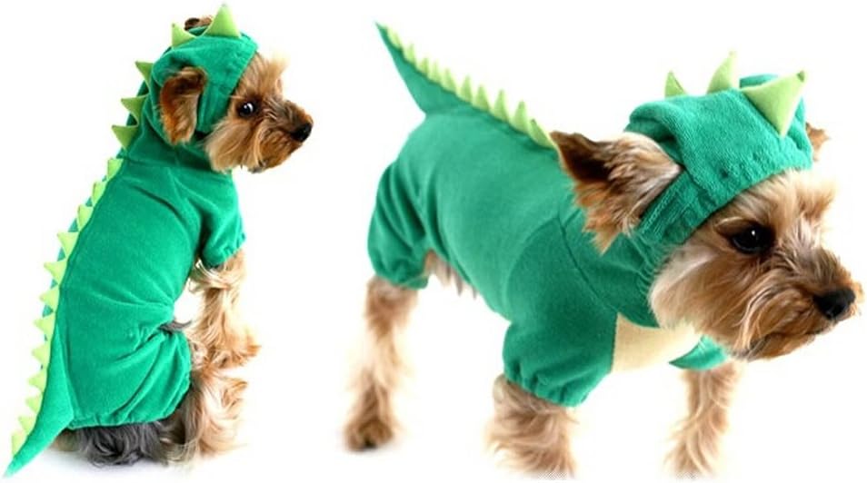 Two images of a dog wearing a green dinosaur costume at Pet Servo