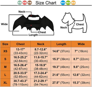 A size chart diagram for a black bat costume accessory, showing labeled measurements for neck, chest, and width, plus a dog silhouette indicating neck and chest placement. A size table below lists XS through XL with chest, neck, length, and width measurements at Pet Servo