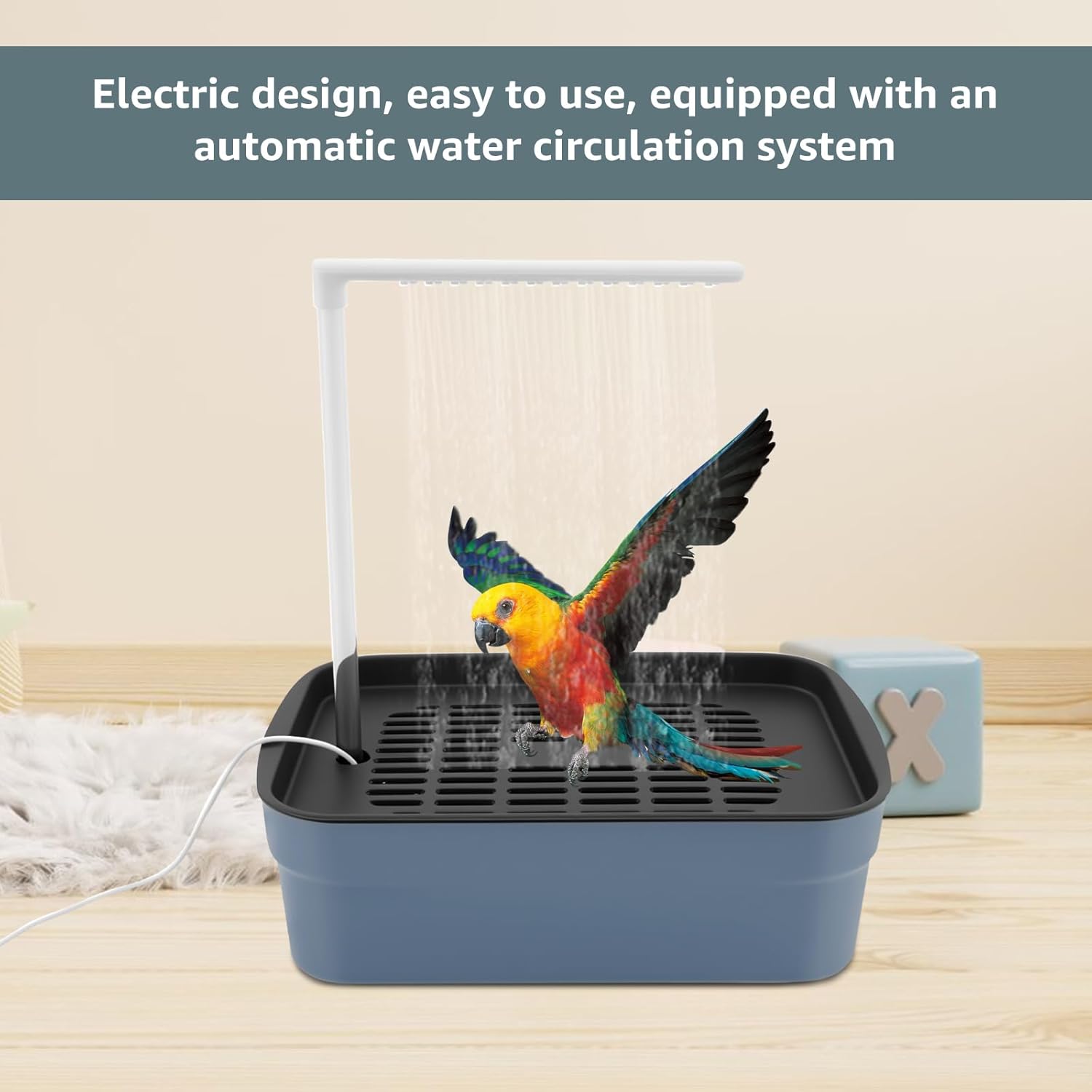 Pet water dish with automatic water circulation system for birds, featuring a colorful parrot illustration at Pet Servo