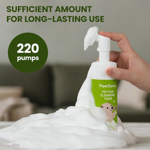 PawSano pet paw cleansing foam with a hand holding the pump, showing 220 pumps on a neutral background at Pet Servo