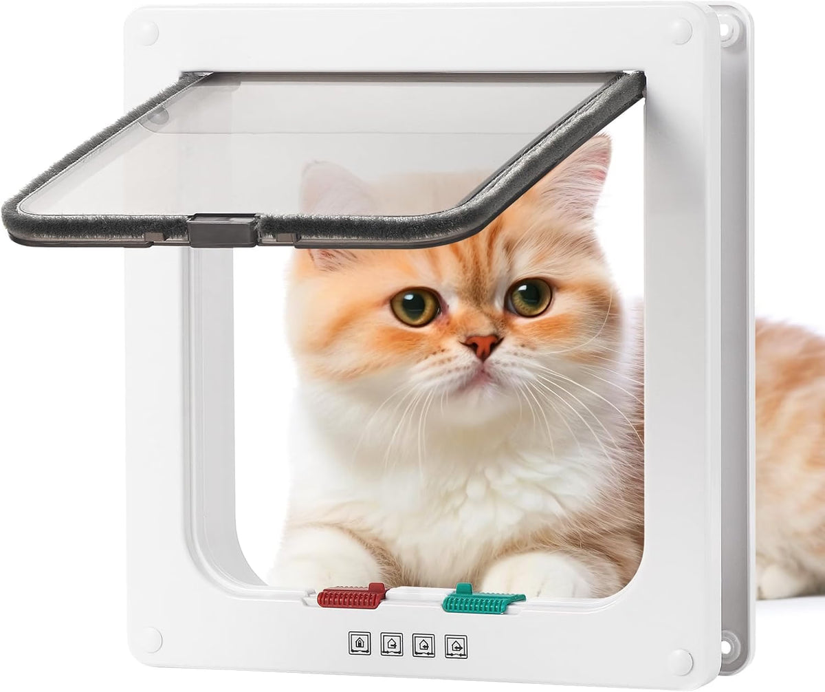 A white cat door with a clear hinged flap and small control buttons, shown with an orange-and-white cat lying behind it on a white background.