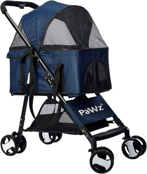 A blue and black pet stroller with mesh windows, four wheels, and a visible 'PaWZ' logo on the front panel, shown on a plain white background at Pet Servo
