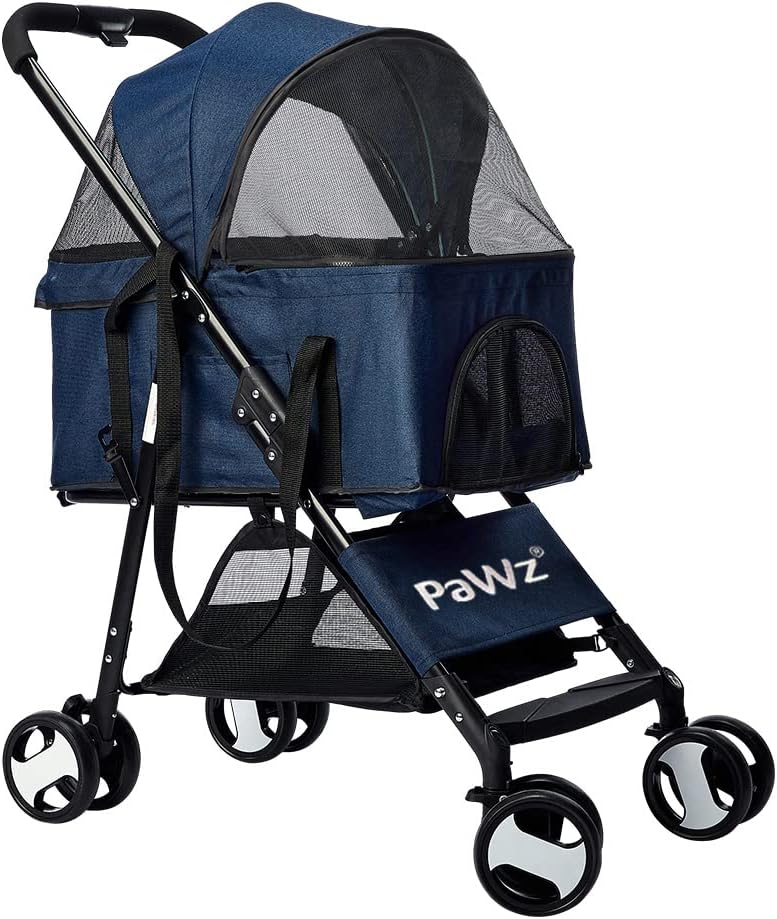 A blue and black pet stroller with mesh windows, four wheels, and a visible 'PaWZ' logo on the front panel, shown on a plain white background at Pet Servo
