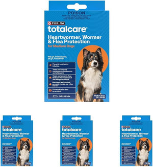 Multiple packages of Purina TotalCare heartworm, wormer, and flea protection for medium dogs on a white background at Pet Servo