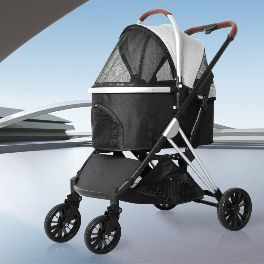 Pet stroller with a black and gray design on a light blue background at Pet Servo