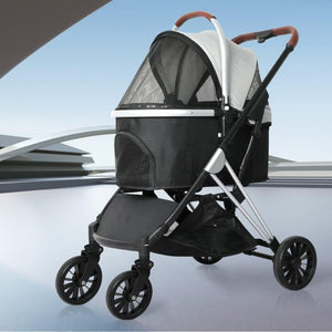 Pet stroller with a black and gray design on a light blue background at Pet Servo