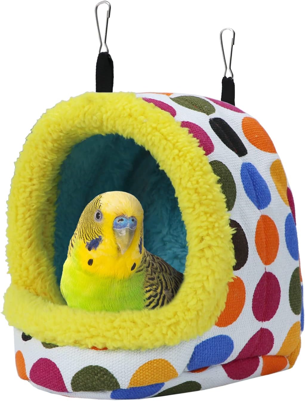 Colorful polka dot bird nest with a parakeet inside on a white background at Pet Servo