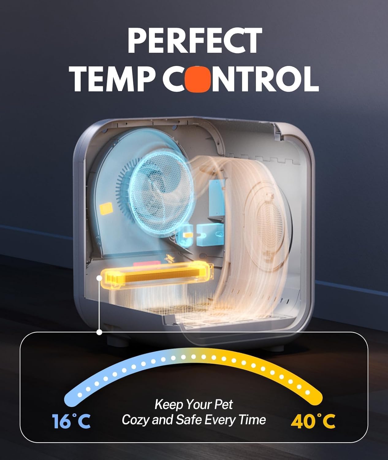 Pet temperature control system with clear casing showing internal components, labeled 'Perfect Temp Control'.