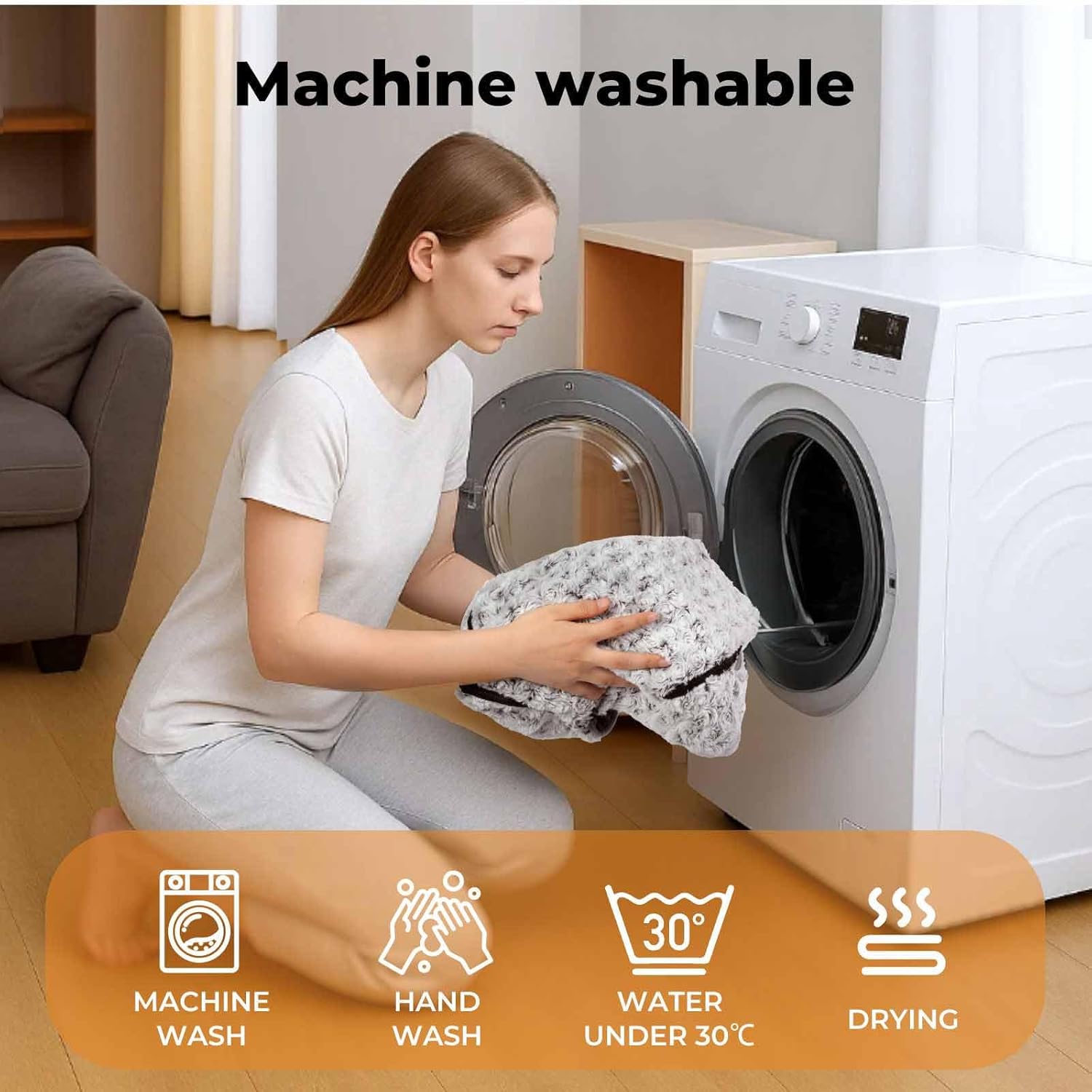 Woman taking a garment out of a washing machine with text 'Machine washable' and washing instructions at Pet Servo