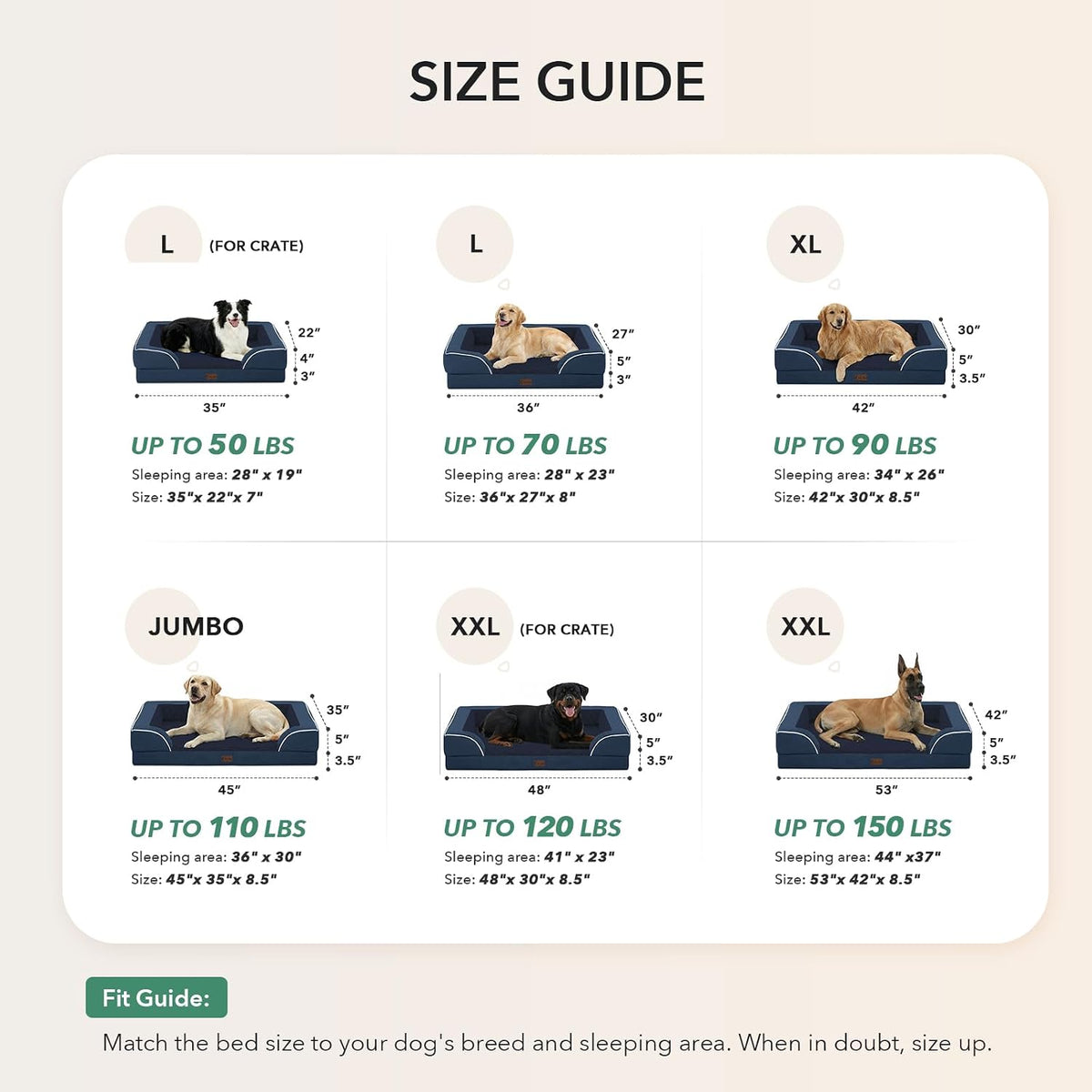 Size guide for dog beds with illustrations of dogs and dimensions on a beige background at Pet Servo