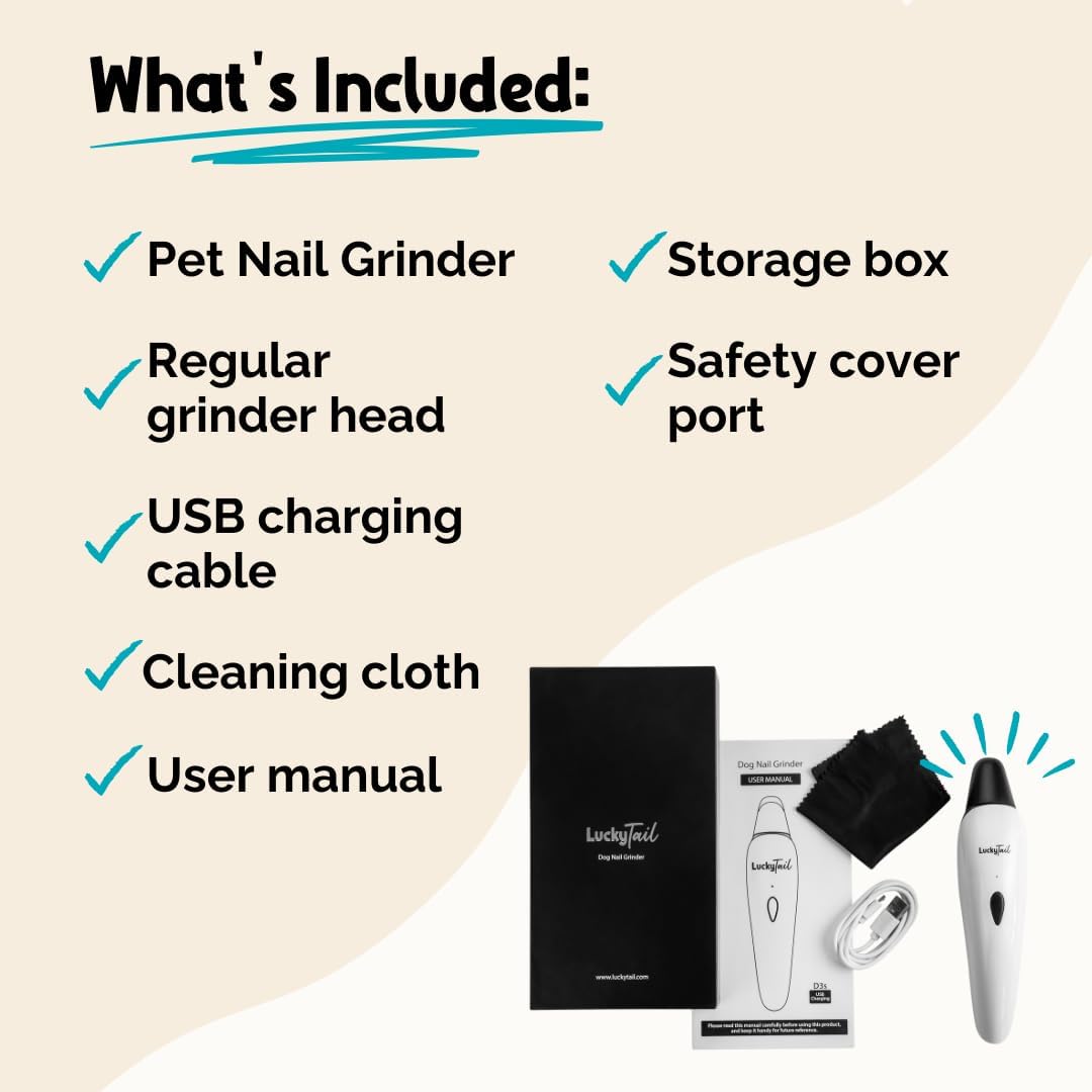 List of included items for a pet nail grinder set on a beige background