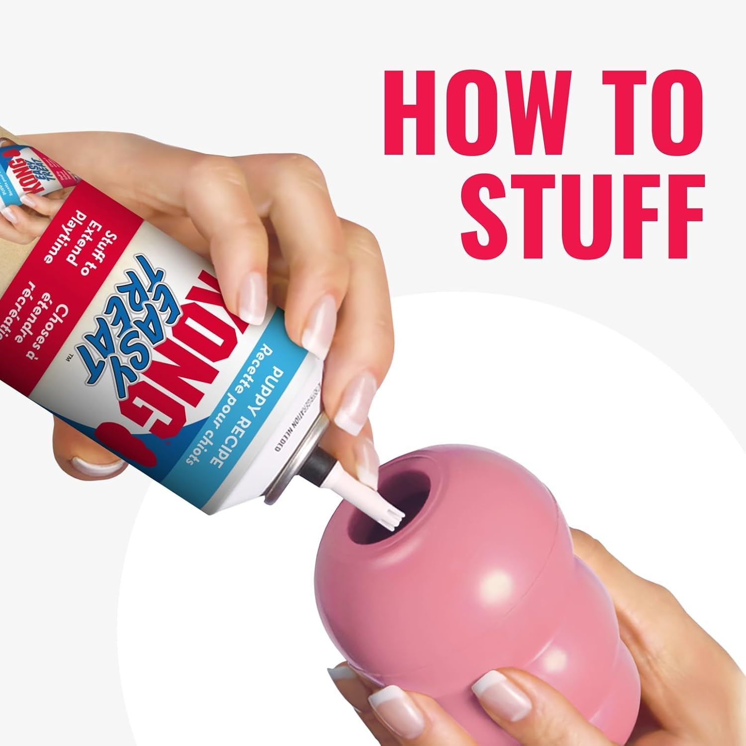 Person using a can of Ritz crackers to stuff a pink toy with text 'How to Stuff' at Pet Servo