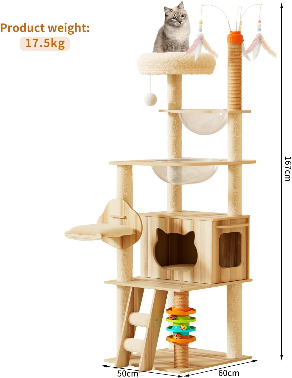 Wooden cat tree with various perches and toys, featuring a cat on top, on a white background at Pet Servo