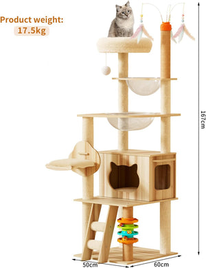 Wooden cat tree with various perches and toys, featuring a cat on top, on a white background at Pet Servo