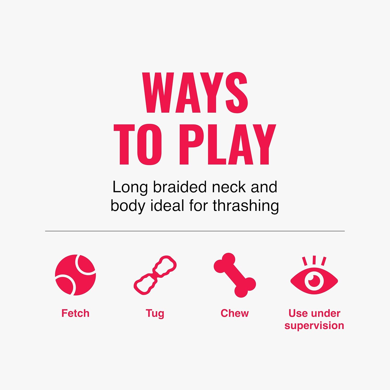 Text and icons explaining ways to play with a product, including fetch, tug, chew, and supervise at Pet Servo