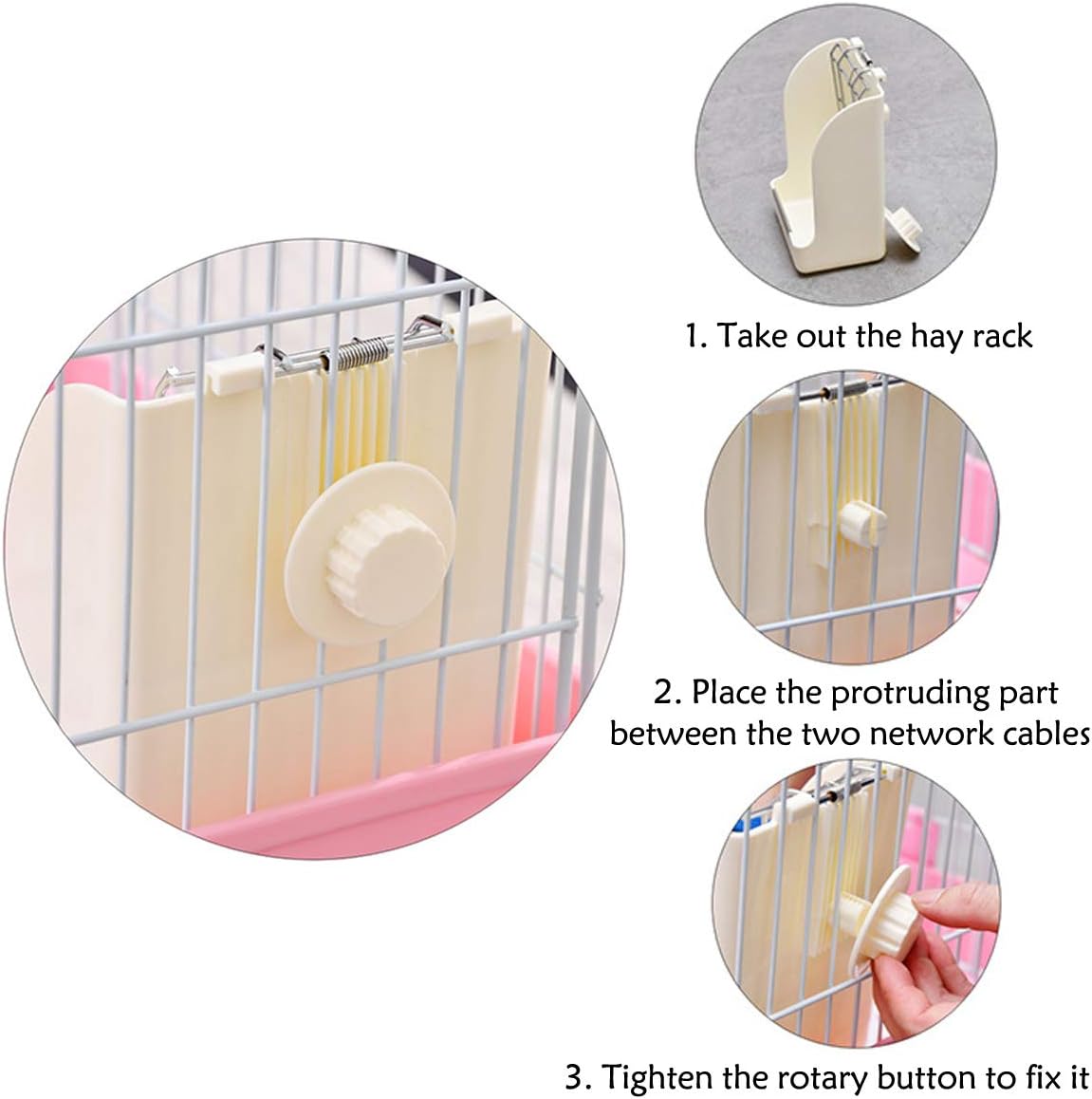 Instructions for using a pet cage hay rack with images and text at Pet Servo