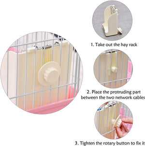 Instructions for using a pet cage hay rack with images and text at Pet Servo