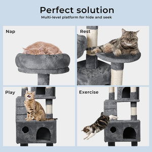 A four-panel promotional graphic showing a gray multi-level cat tree with cats using it for nap, rest, play, and exercise. The top text reads 'Perfect solution' and 'Multi-level platform for hide and seek at Pet Servo