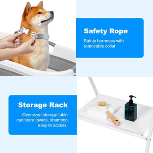 Dog being fitted with a safety harness, labeled 'Safety Rope', and an oversized storage table with grooming items, labeled 'Storage Rack' at Pet Servo