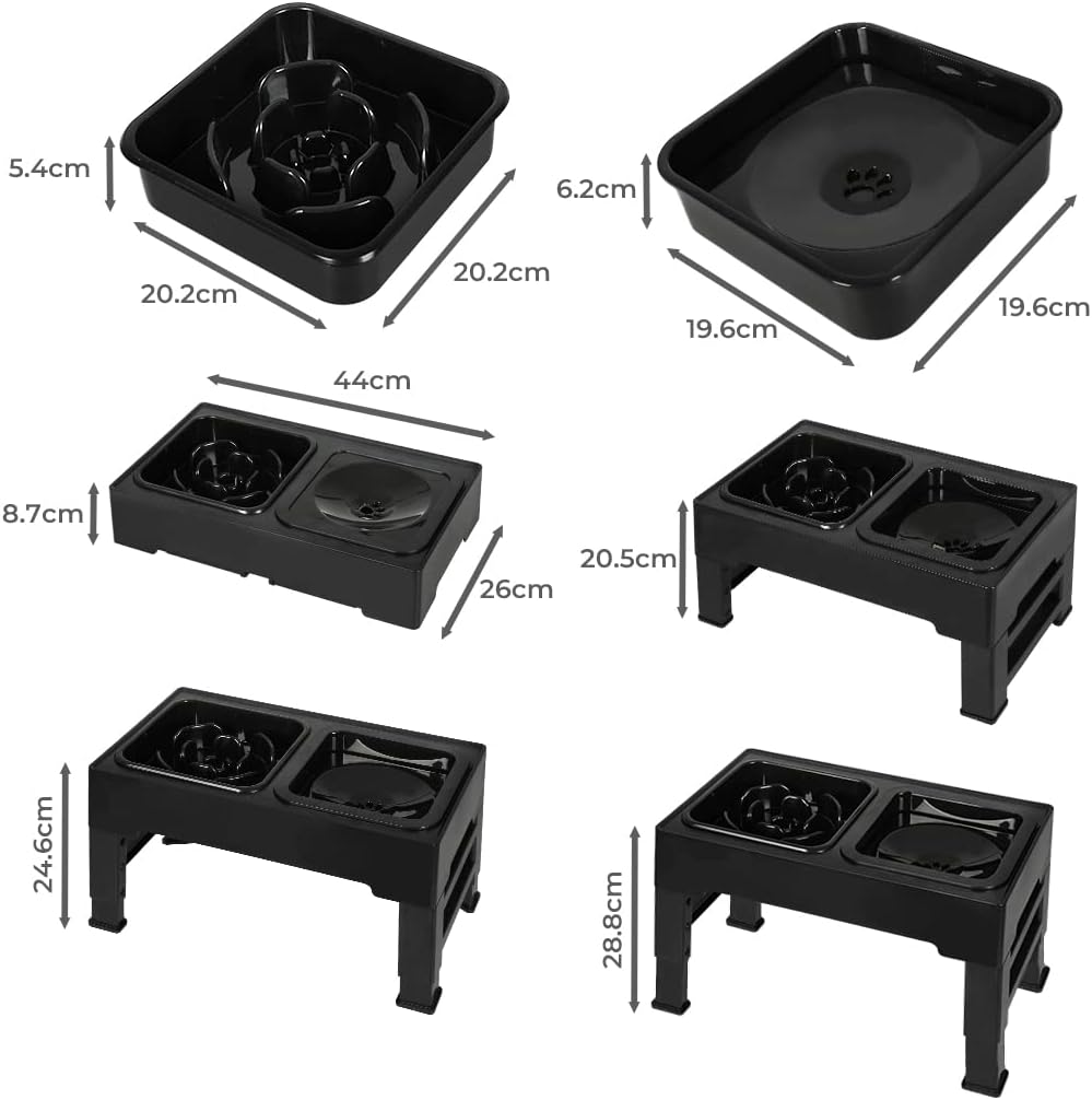 Black pet water fountain and double bowls shown with dimension arrows and measurements on a white background at Pet Servo