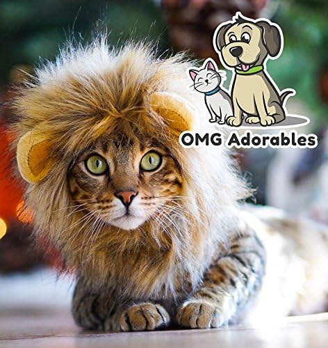 Cat wearing a lion costume with 'OMG Adorables' logo in the corner at Pet Servo