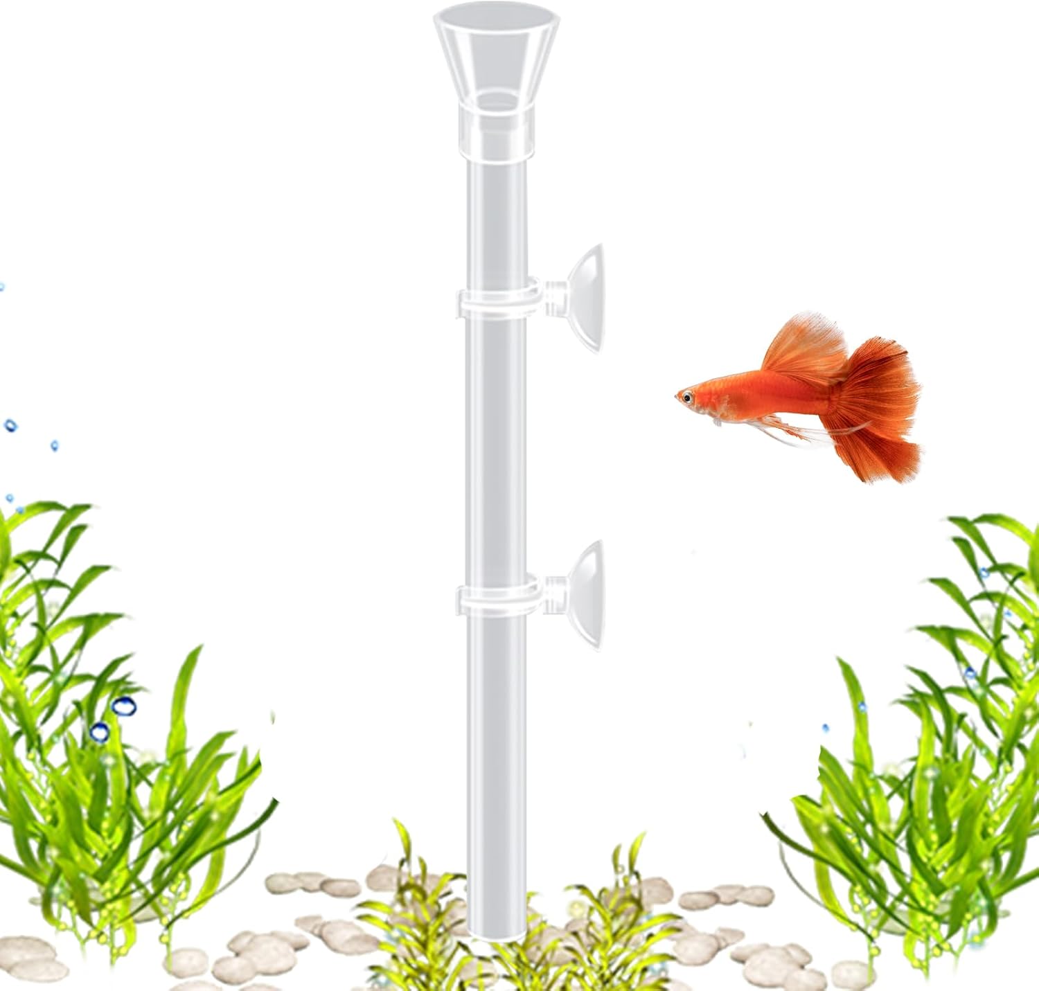 Clear aquarium filter with a red fish and green plants on a white background at Pet Servo