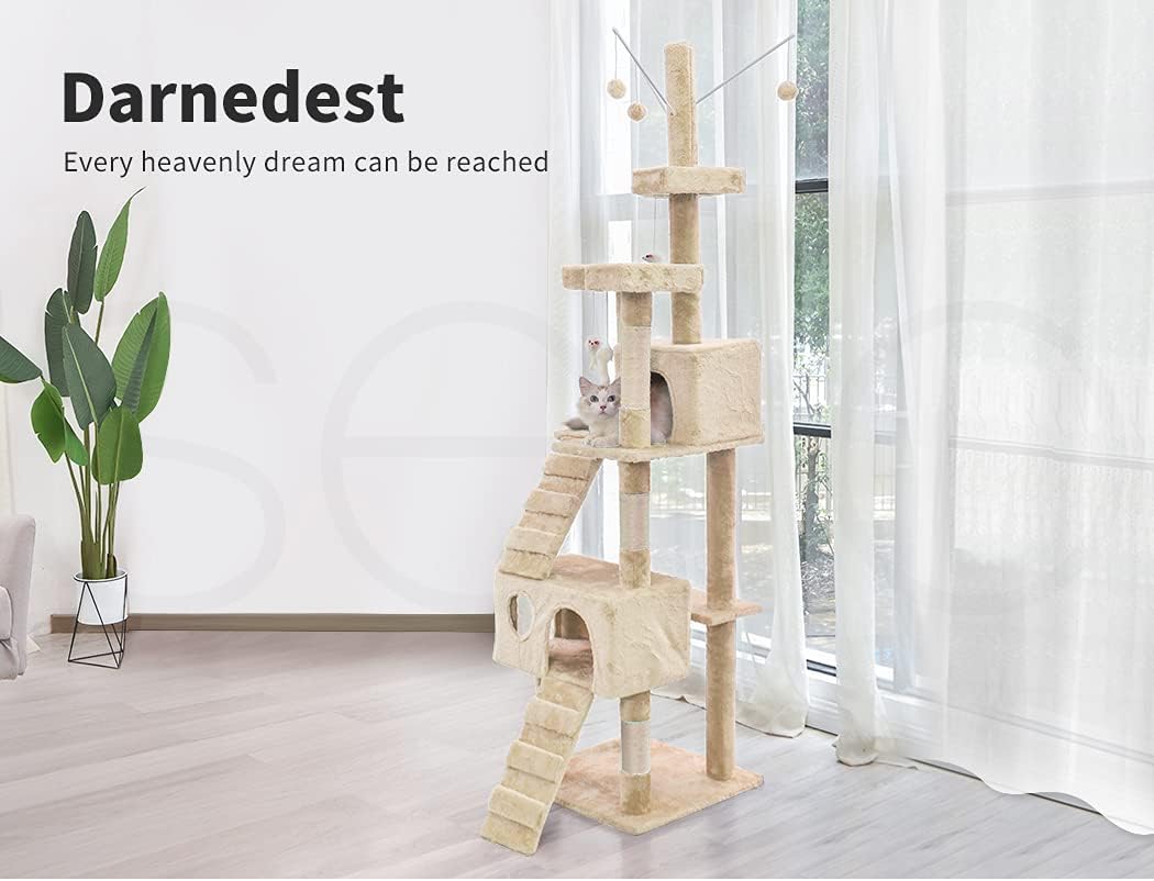 A tall beige cat tree with multiple platforms, a small, enclosed cave, stairs, and a hanging toy, shown in a bright room with white curtains, a plant, and a cat resting on one of the levels. Text on the left reads 'Darknets' and 'Every heavenly dream can be reached at Pet Servo