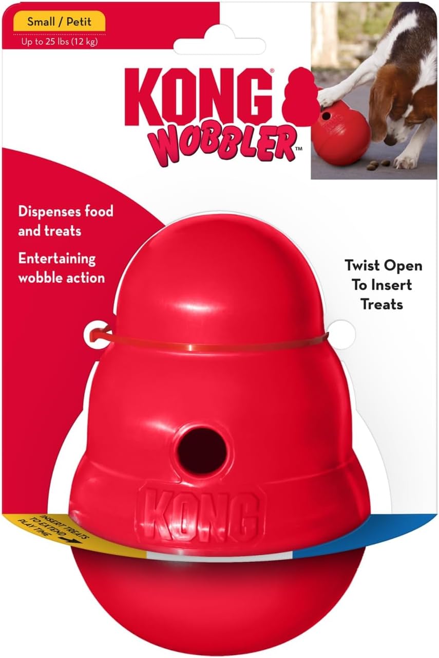 Kong Wobbler Small/Petit dog toy in red, shown on its retail card packaging with a small dog photo in the top right corner at Pet Servo