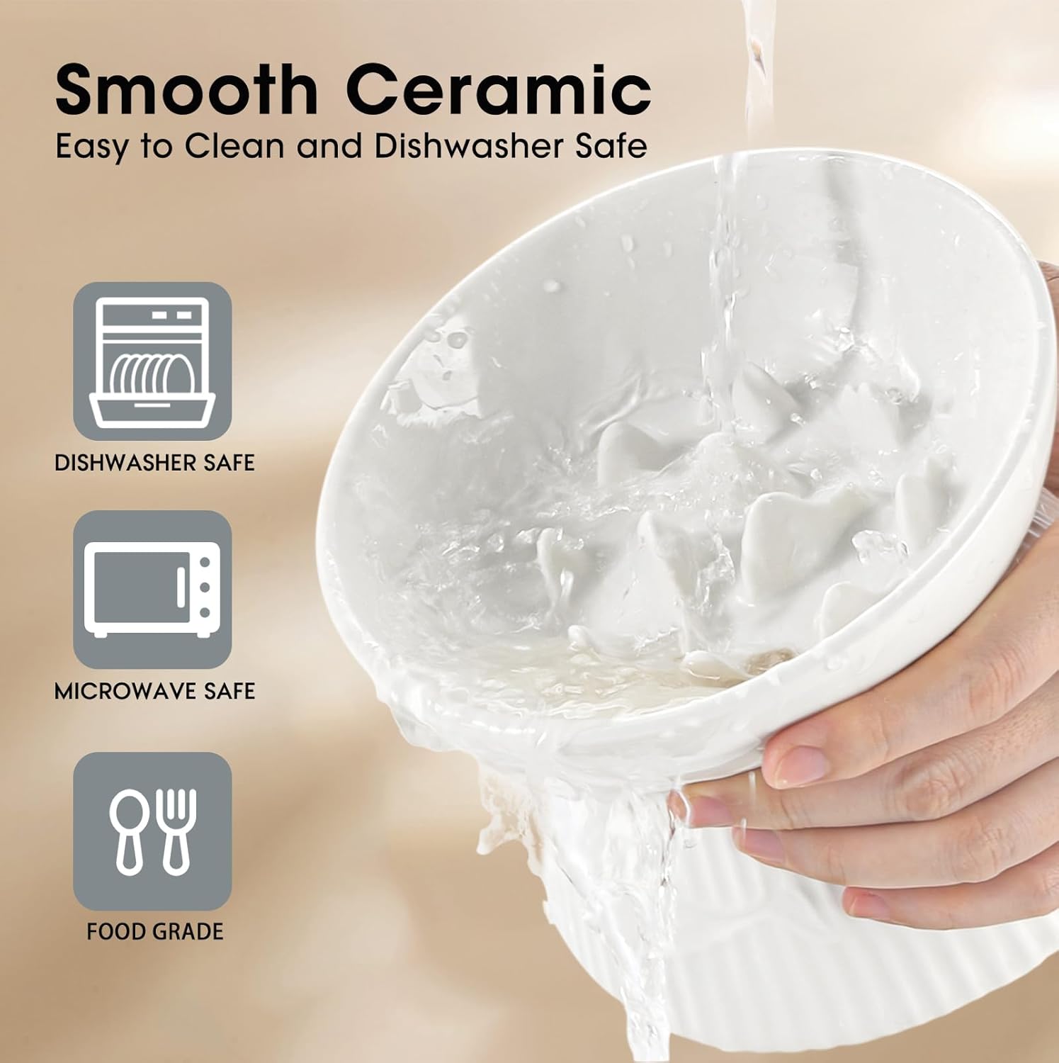 White ceramic bowl with a hand holding it, featuring icons indicating dishwasher, microwave, and food grade safety at Pet Servo