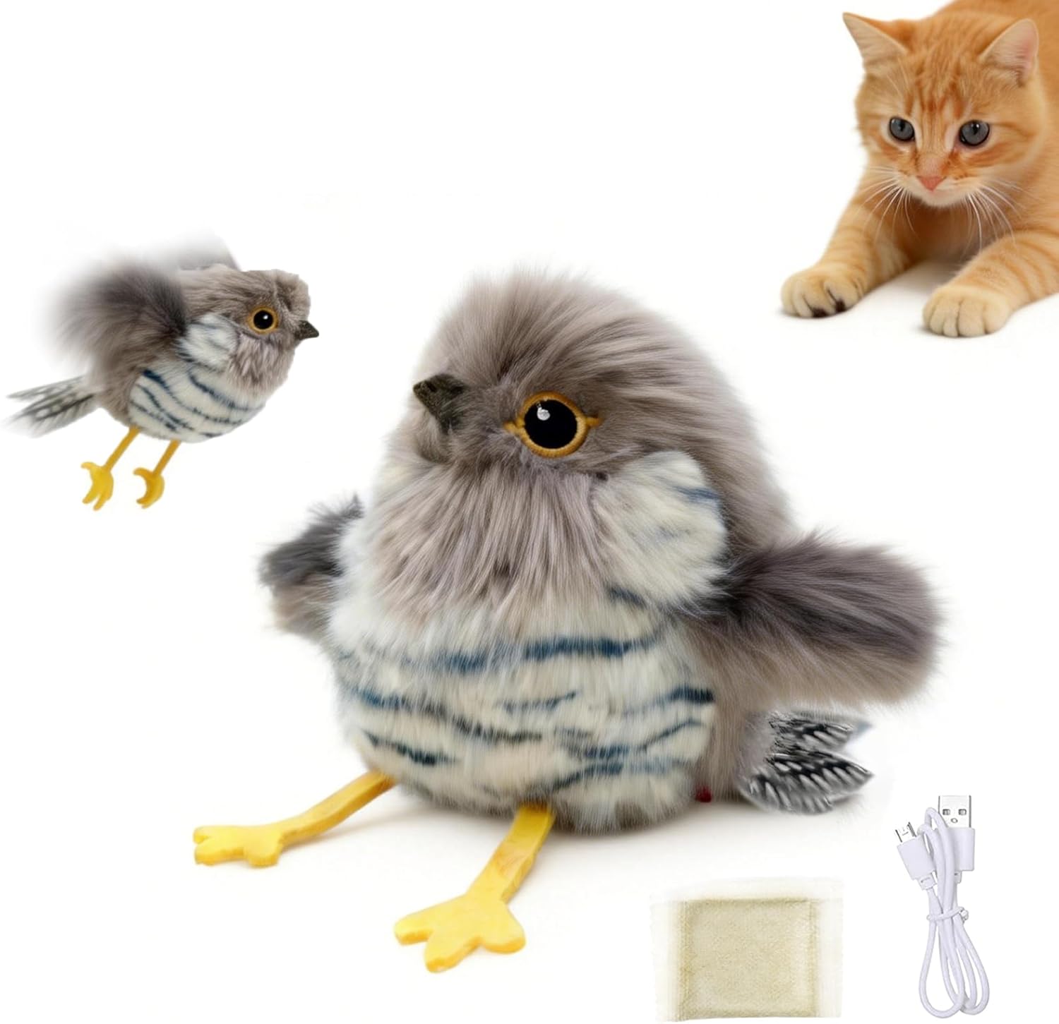 Plush toy resembling a bird with a cat in the background, including a power adapter and USB cable at Pet Servo