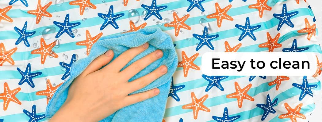 A hand wipes a light blue towel over a white fabric with blue and orange starfish patterns. A white text overlay reads 'Easy to clean' at Pet Servo