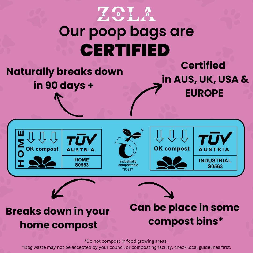 Zola poop bag certification information on a pink background at Pet Servo
