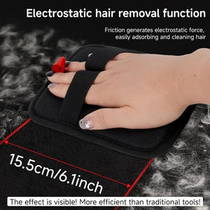 Hand using a black hair removal device with text about electrostatic hair removal function at Pet Servo