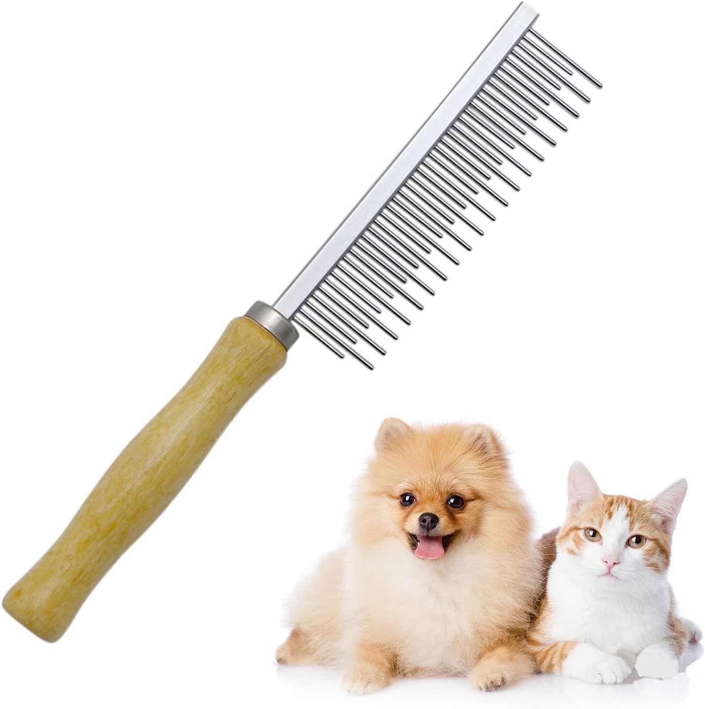 Pet grooming comb with a wooden handle next to a dog and a cat on a white background at Pet Servo