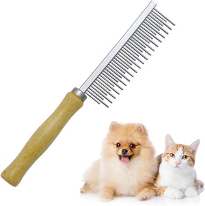 Pet grooming comb with a wooden handle next to a dog and a cat on a white background at Pet Servo