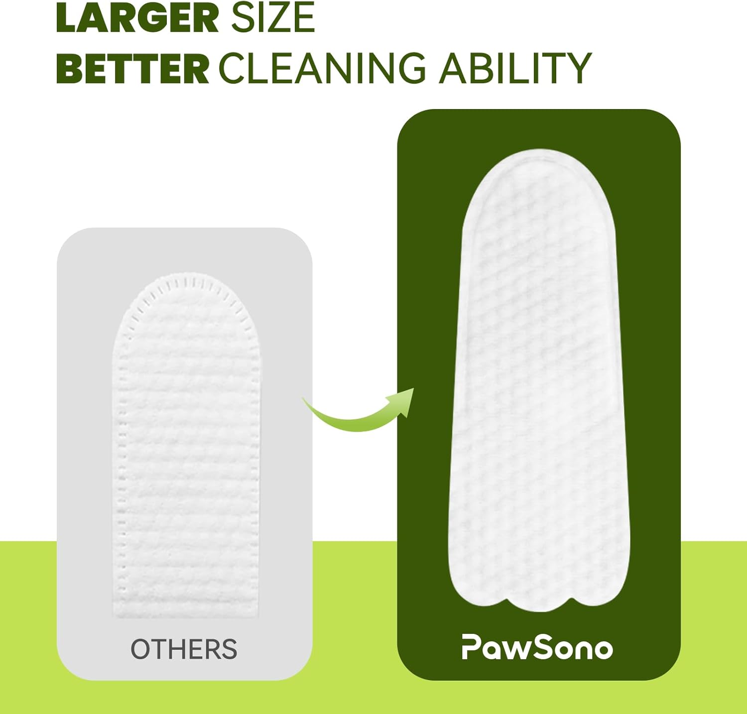 Comparison of PawSono cleaning pad size with 'Others' on a green background at Pet Servo