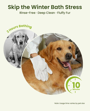 Advertisement for a pet grooming product with a dog being bathed and text about saving time and stress during baths at Pet Servo