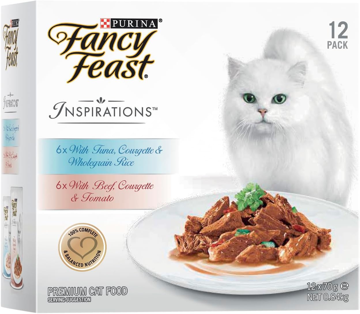 Purina Fancy Feast cat food packaging with a white cat and food dish on a white background at Pet Servo