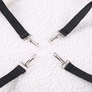 Four black straps with silver clamps on a white textured background at Pet Servo
